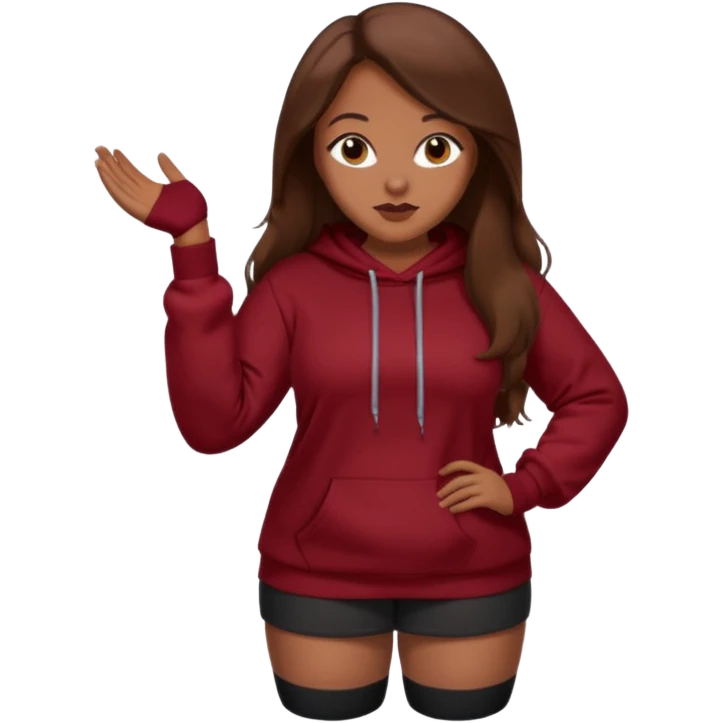 Curvy pretty brown girl with long brown hair, wearing a dark deep red sweatshirt with tall black socks emoji