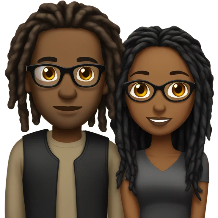 black couple with locs, brown skin with long black locs, light skin with glasses and BLACK locs tied up kissing emoji