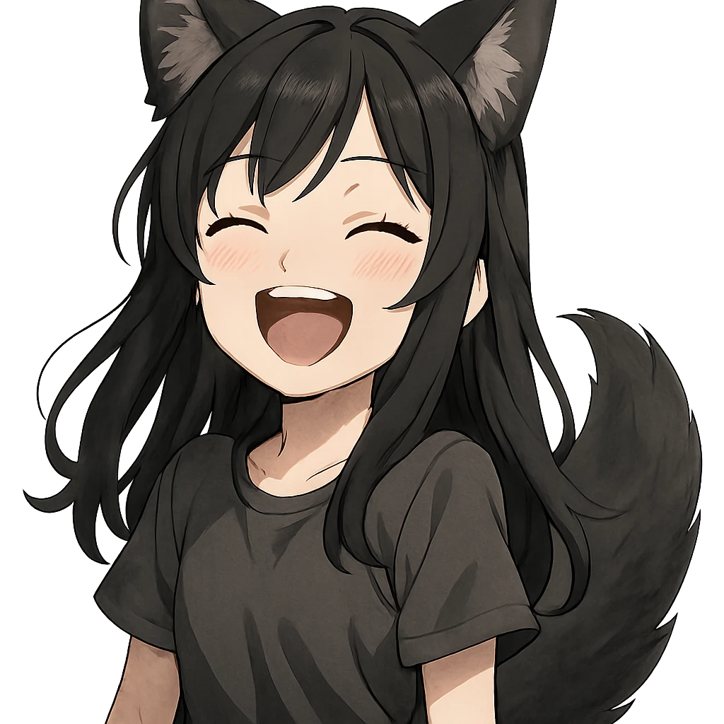 A girl with black fox ears and a tail, green eyes, dark hair, laughing emoji