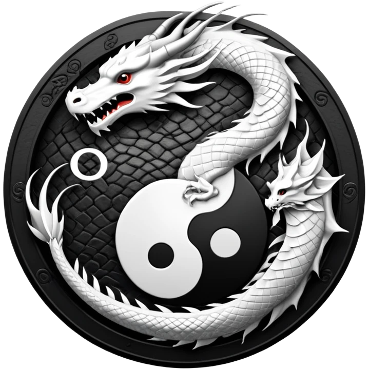 An icon symbolizing Eastern martial arts in the style of an emblem, featuring a black-and-white Yin-Yang symbol and a dragon at the center, surrounded by elements like a dojo. Transparent background highlights balance and power. emoji
