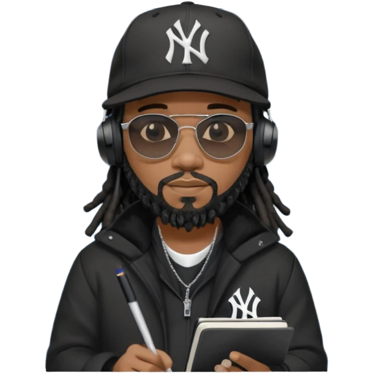 African American man with shoulder length black dreadlocks with black beard wearing black sunglasses wearing a black New York Yankees logo baseball cap wearing a black bubble winter coat wearing headphones writing a rap song in notebook emoji