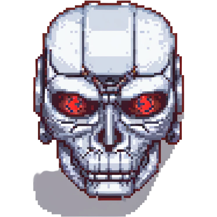 terminator robot head, metallic, red eyes emoji