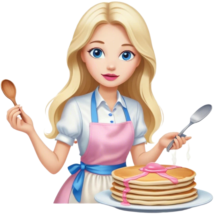 Cinematic realistic beautiful blonde with long hair, blue eyes and pink lips in a white dress cooks pancakes emoji