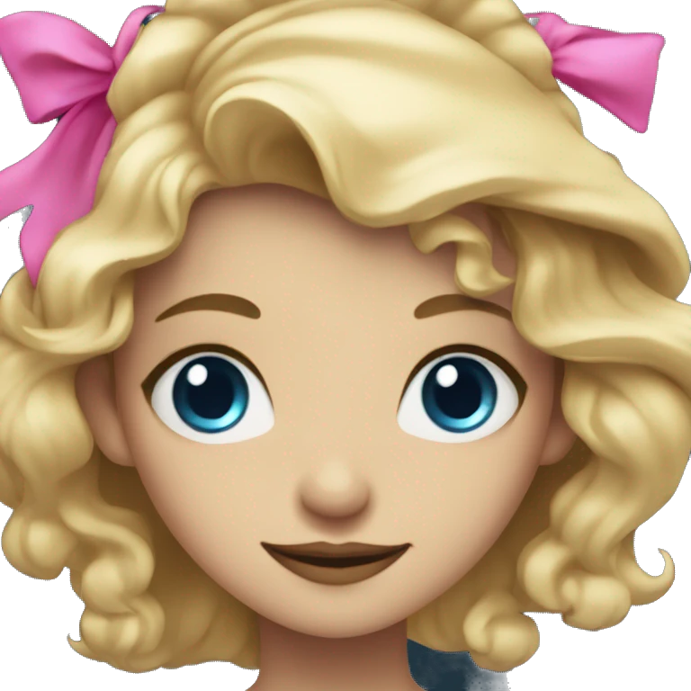 Witchy blonde blue eyed girl smiling, wearing a gold necklace and a black witch hat with a pink bow emoji