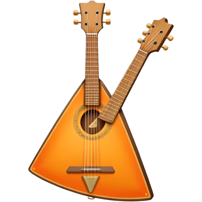 Create a vibrant and traditional emoji representing a three-stringed balalaika 'Prima.' The design should feature the characteristic triangular body of the balalaika with its three strings and visible tuning pegs. The woodwork should be simple yet elegant, reflecting the traditional Russian craftsmanship. Add subtle musical notes around the instrument to symbolize its cultural sound. Use rich, warm colors like natural wood tones, orange, and gold accents to convey its authenticity and musical heritage. The background should be transparent. emoji