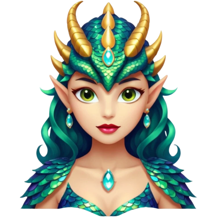 A gorgeous dragon woman with glittering jeweled scales covering her body and face. She has large almond shaped eyes, lush lips, and she wears a stunning luminescent gown. emoji