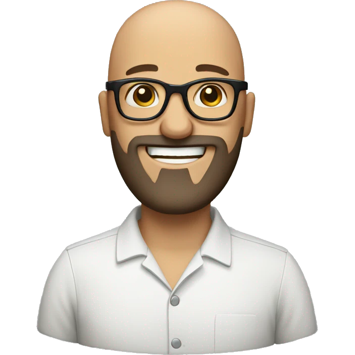 Emoji of a bald man with a brown beard and thick rectangle glasses. Big Smile emoji