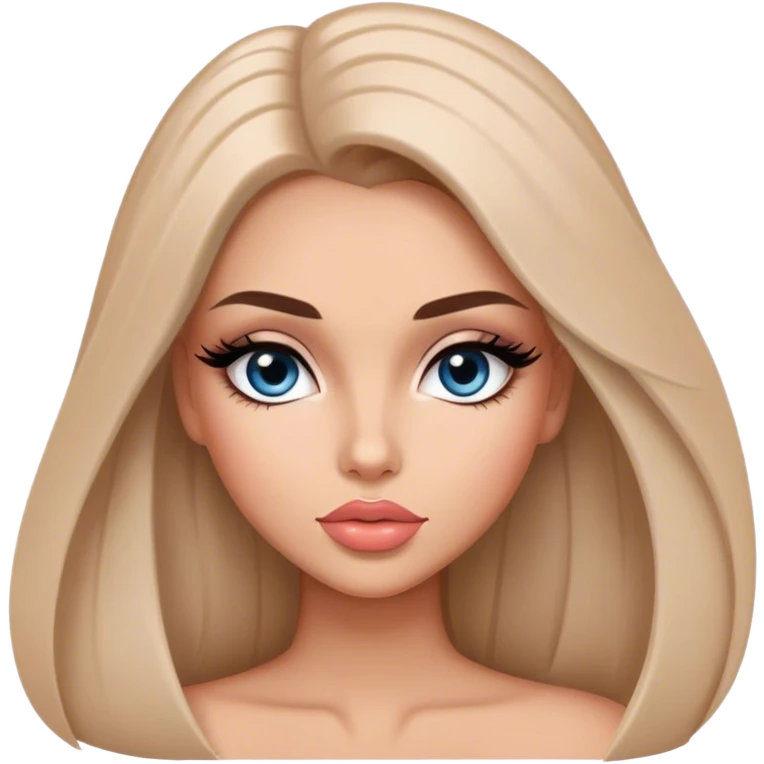 Glamours, tanned, very beautiful girl, with big pump peach-beige-rose lips, long long lashes, black straight smooth silky long hair, straight parting hair, blue-grey eyes emoji