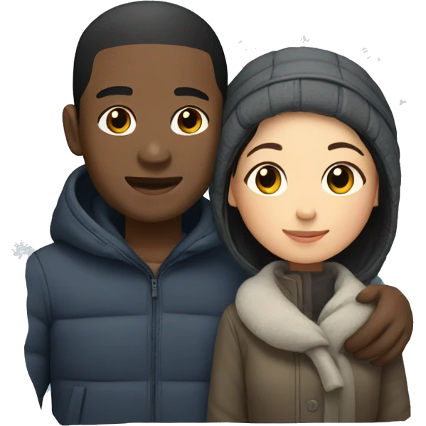Black guy and Asian girl cuddle in the winter emoji