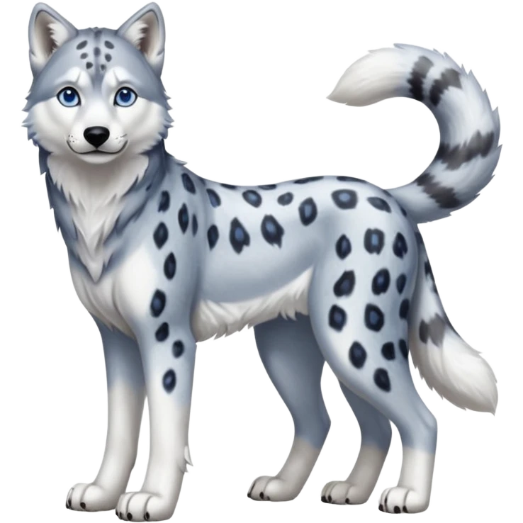 Realistic lanky natural feral beautiful pretty "Schnolf"-"TaniDaReal"-Husky-Snow-leopard-wolf-hybrid-fusion-animal-creature, full body emoji