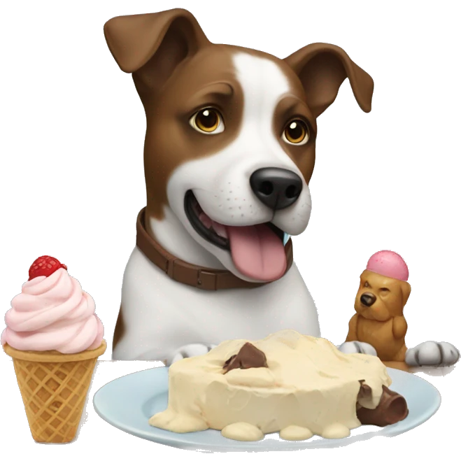 A dog with hamlet while eating ice cream emoji