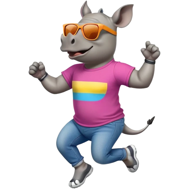 friendly anthropomorphised rhino in jeans and colourful t-shirt, wearing dark sunglasses, jogging upright, jumping with excitement, standard pose emoji