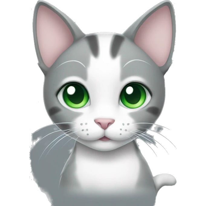 a grey and white cat with green eyes making a heart with paws emoji
