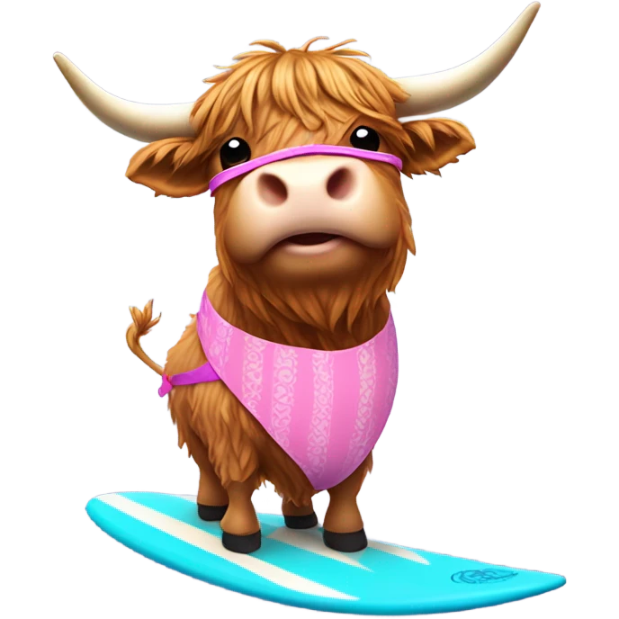 highland cow surfing in pink swim suit with a blue teacup emoji