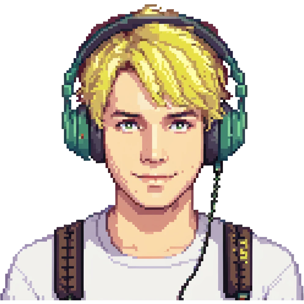El Rubius portrait, fun style, blonde hair, large headphones, cheerful expression, simple background emoji