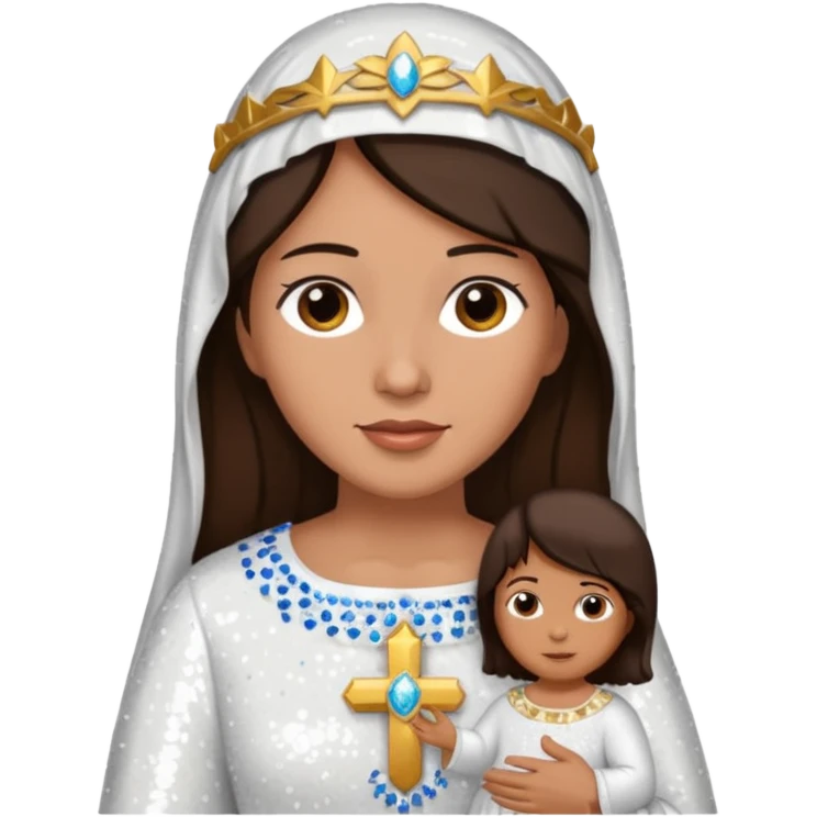 Mary, mother of Jesus from The Bible with dark brown hair, white sequin outfit emoji