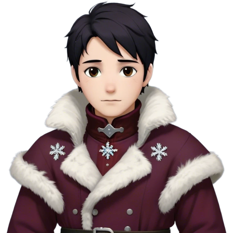 Medieval winter outfit worn by a DnD themed fantasy male character. Heavy maroon wool tunic with rabbit fur trim, featuring a high collar with silver clasps, belted with a sturdy leather strap. Clothes only above the waist, full waist coverage. The character has no arms. Character is white-skinned with raven black hair, deep brown eyes, and short messy hair dusted with snowflakes. emoji