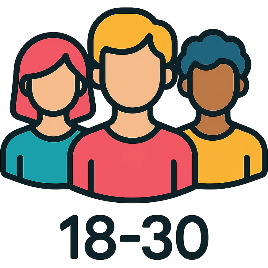 Discord role icon for 18-30 age group, using stylized silhouettes of young adults in a group, vibrant and welcoming look emoji