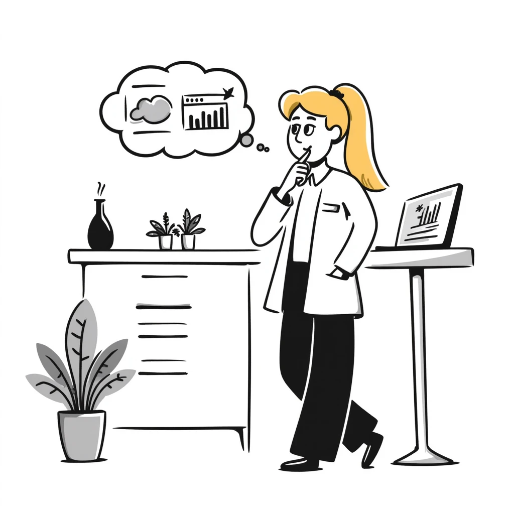 A thoughtful blonde physical therapist with finger on chin, wearing scrubs, looking contemplative while analyzing patient data emoji