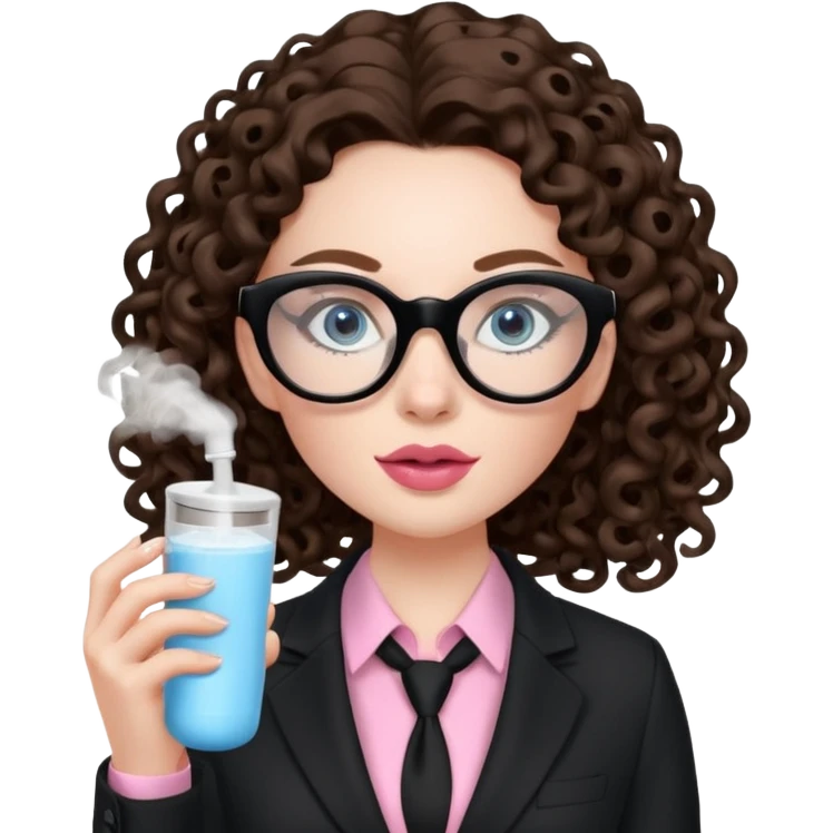 A girl with white pale skin, blue eyes, full lips, brunette long curly hair. She has a leopard print round-ish shaped glasses. She is wearing a all black suit with light pink blouse inside the suit. She is making a self care face mask  emoji