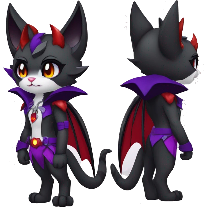 Anthro-Cute-Edgy-Cool-Vampiric-Batty-Cat-Black-Purple-Red-Grey-White-Yellow-Contrast-Colors-Fantasy-Fur-Sona-Chibi-Shiny-Fakémon-Hybrid with horns and fangs and collar full body emoji