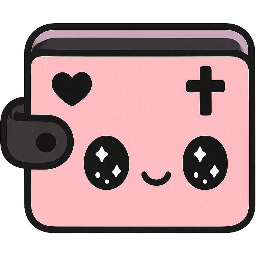 pink and black gothic wallet, big eyes, smiling, cartoonish, playful emoji