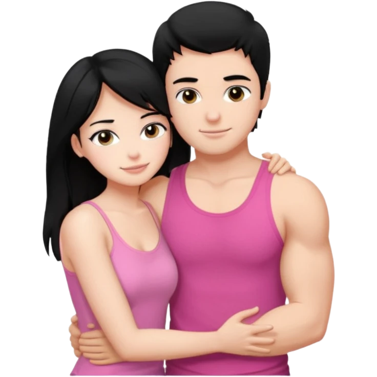 a pretty bratz fair girl. black hair, wearing a pink cami top, she is hugging a handsome fair guy with black hair. lean but muscular. is wearing a black tshirt emoji