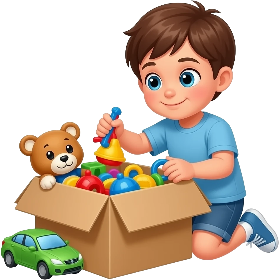 a kid putting his toys in the box emoji