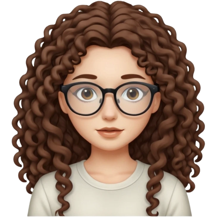aesthetic white girl with cool colored brown, very long curly hair, she wears an offwhite top and her eyes are black , and wears thin small square glasses emoji