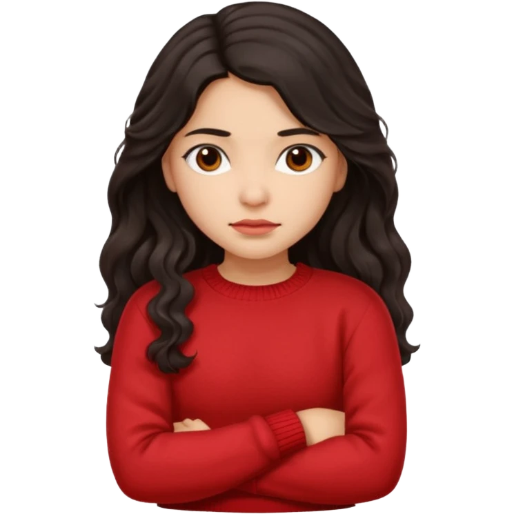 Hispanic girl dark long wavy hair crossing her arms with slight pout emoji