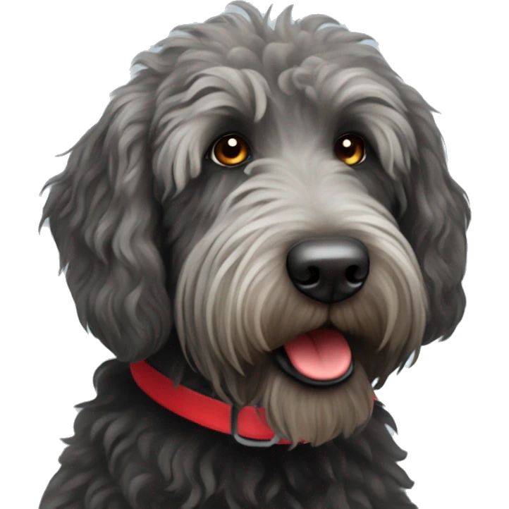 Black scruffy old labradoodle with a red collar emoji
