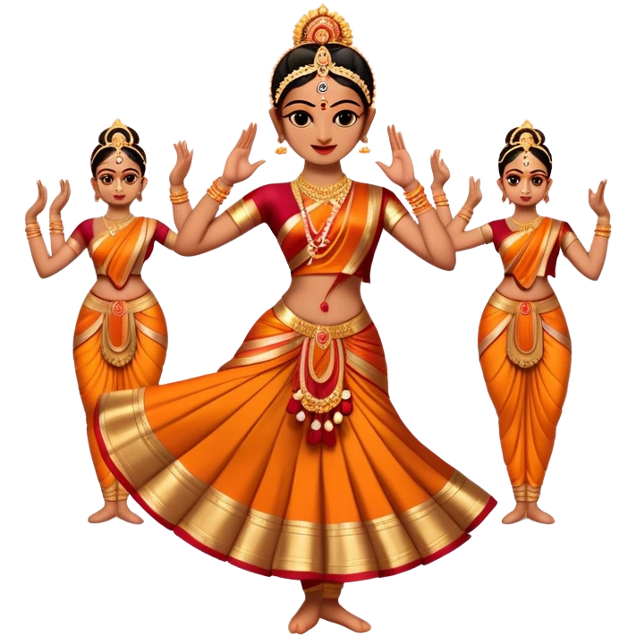 Cinematic Realistic Bharatanatyam Dance Emoji, depicted as an elegant classical Indian dance performance with graceful poses, intricate costumes, and expressive hand gestures, rendered with rich textures and warm dramatic lighting that captures its timeless beauty. emoji