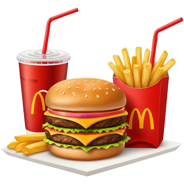 make a Luxe Cheeseburger Meal combo with cold drink inside that a straw and some ice cubes and beside some McDonald's fries box inside some thick fries

 with a angle to 15–20° gentle bird’s-eye angle  emoji