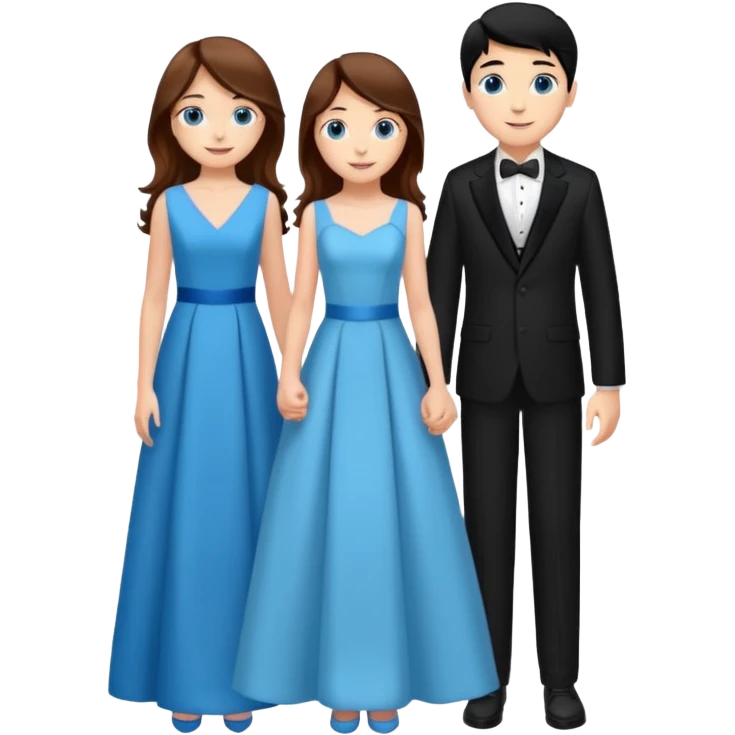 full-length happy couple, girl with long chestnut hair and blue eyes in formal gown, boy with black hair in suit emoji