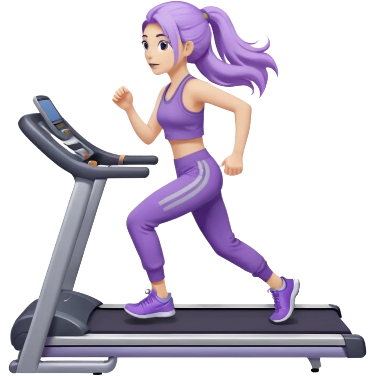 Девушка белокожая на беговой дорожке, с длинными светло-лиловыми волосами, в лиловом топе, в серых спортивных штанах, с черными ресницами emoji