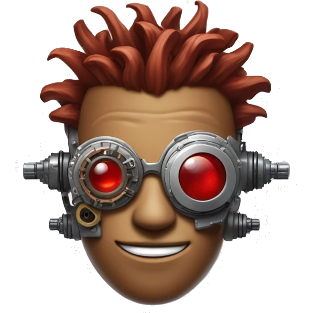 Brown cyborg head with red Mohawk, red beard, silver steampunk monocle goggles a smile and circuits emoji