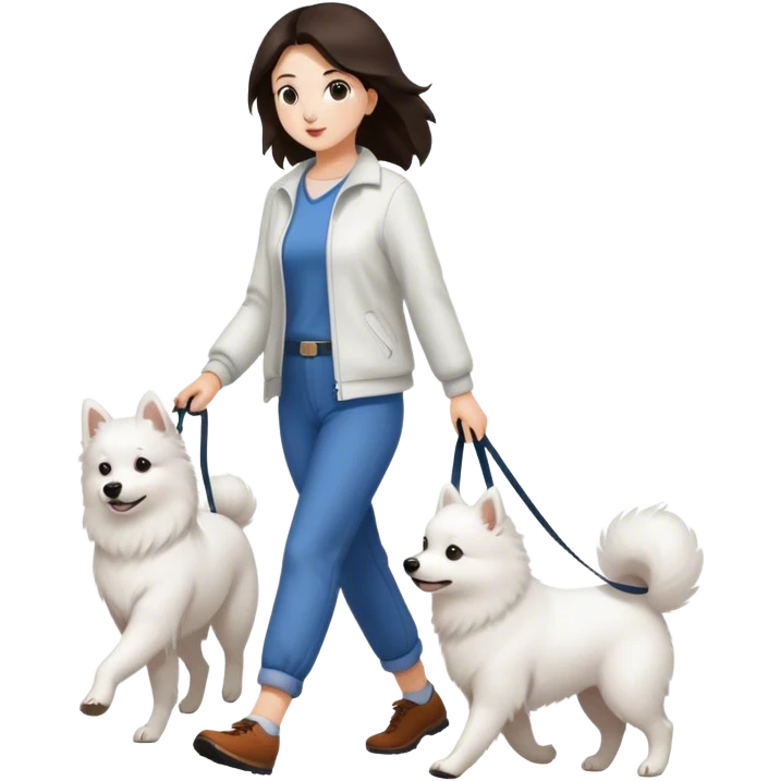 Brunette woman walking a Japanese Spitz dog emoji