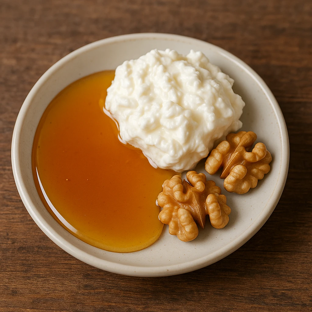 a small plate filled with honey and clotted cream, accompanied by walnuts, traditional Turkish breakfast emoji