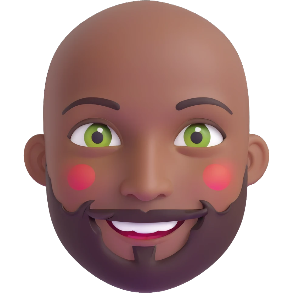Oxumarê as a smiling 37-year-old bald man with very dark skin (2 shades darker), smooth oval head, indigenous facial features, mustache with circular beard only on chin (no hair on sides), a round mole on the right side below the lip, and a rainbow serpent wrapped around him, Memoji style emoji