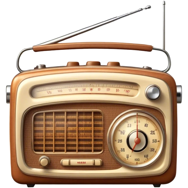 A photorealistic icon featuring an old-fashioned radio with a vintage dial, radio waves emanating from it, and a warm, glowing light. The design includes detailed textures, soft lighting, and nostalgic elements, symbolizing the love for radio broadcasting and music. Transparent background. emoji