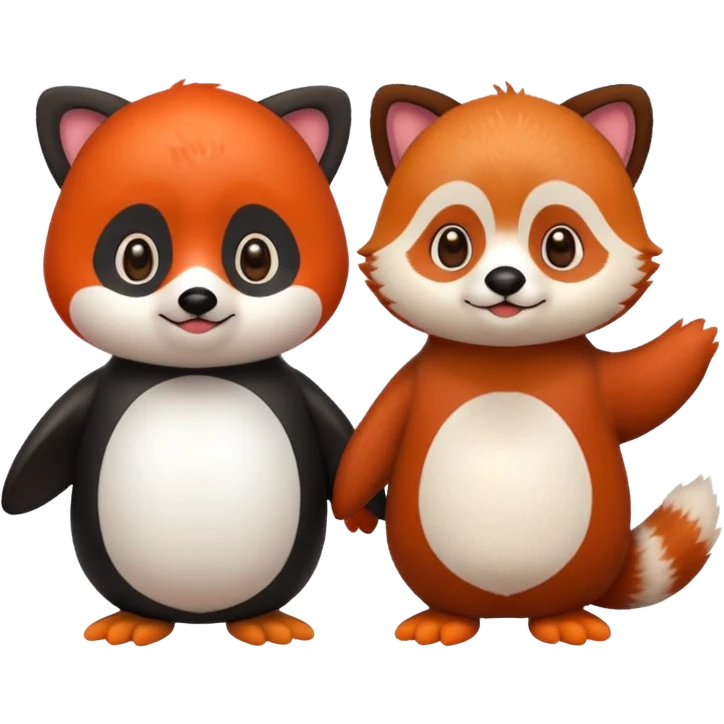 A cartoon  cute one penguin and one red panda holding "hands" emoji