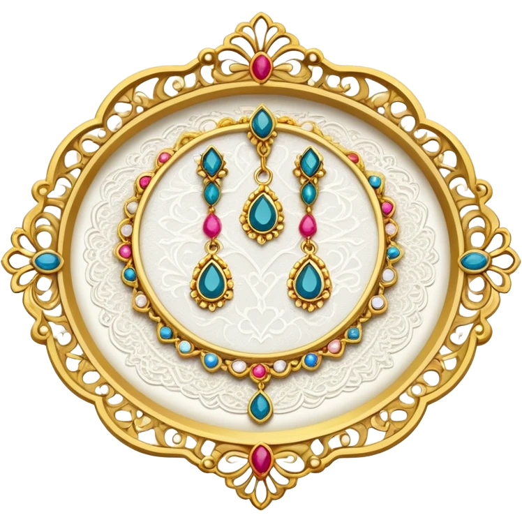lace-covered tray with earrings arranged like charms emoji
