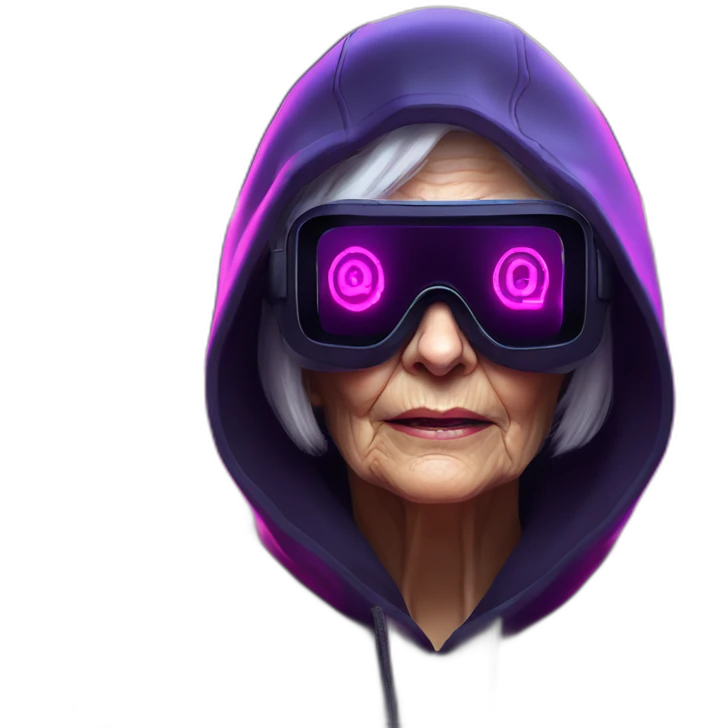 Russian old woman wearing a black hoodie with "OMG" letters on it and VR headset in a cyberpunk VR environment with violet neon lighting. emoji