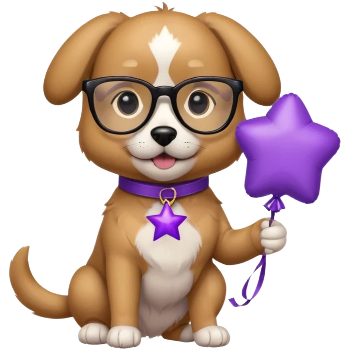 dog holding purple star balloon in hand with black glasses emoji