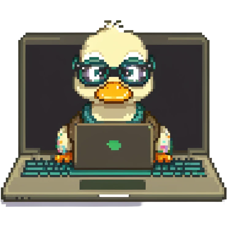 Animated duck wearing glasses, programming Python on a laptop emoji