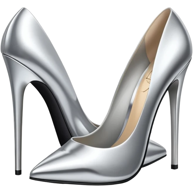 A pair of high heel shoes emoji made of polished silver chrome, elegant sharp silhouette, smooth metallic surface, glossy reflections, luxury sexy vibe, minimalistic iOS emoji style, centered, clean white background emoji
