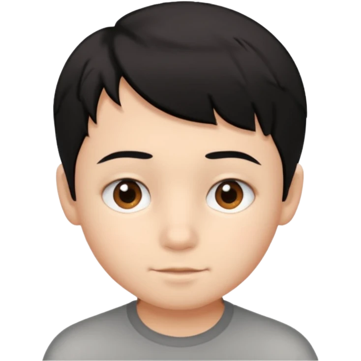young boy with short, slightly messy black hair, a round face, large brown eyes, and a small neutral smile emoji