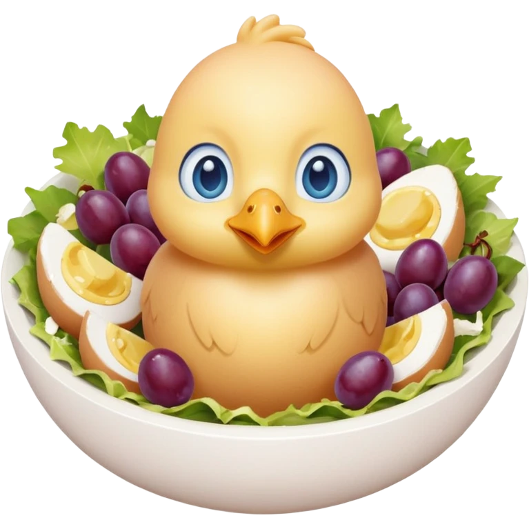 Chick in egg w blue eyes and chicken salad around it w cut up grapes in the salad emoji