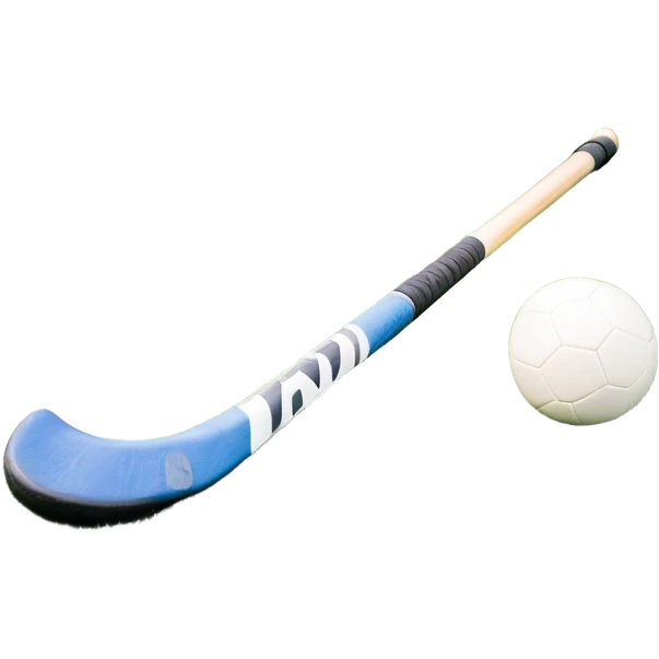 A field hockey stick and ball resting on a well-maintained green grass field, with the goalposts and markings visible in the background. The scene highlights the precision and focus of the grass facture, with the vibrant green pitch creating a dynamic atmosphere. emoji