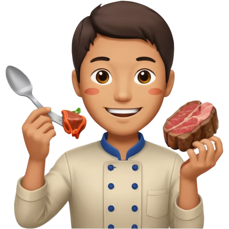 Japanese man holds in hands steak preparing to eat with lovely sight emoji